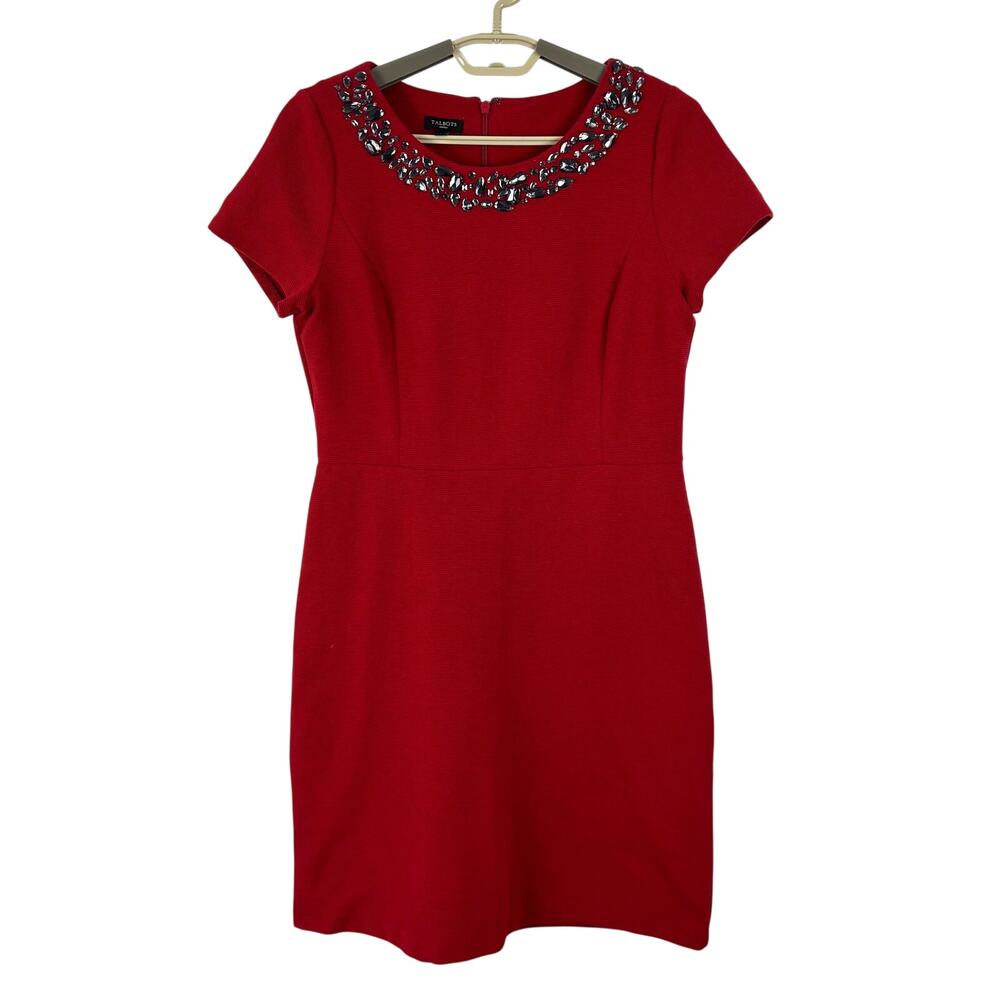 Talbots Red Embellished Sheath Dress 10 P Petite Pencil Straight Career Office